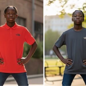 2 The North Face Red Polo Shirt & Blue/Gray Business Crew Neck Tee, men’s large